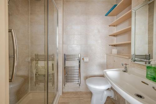 ein Badezimmer mit Dusche, Toilette und Waschbecken in der Unterkunft Victorian Cartref in the heart of Llandudno in Llandudno