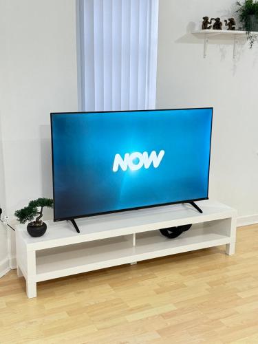 a television on a white tv stand in a living room at Stylish 1-BR Apartment Perfect for 4 in Birmingham