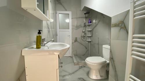 ein weißes Badezimmer mit Waschbecken und Toilette in der Unterkunft Casa NICORAD Camere in Pucioasa