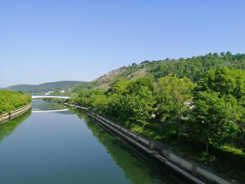 a view of a river with trees and a bridge at Souterrainwohnung in Kelheim