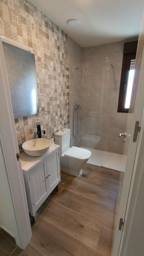 a bathroom with a sink and a toilet and a tub at Casa rural La Zarzosa in La Serrada