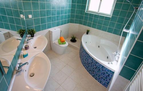 a bathroom with a toilet and a tub and a sink at Private House with Sauna, Jacuzzi and Hawaiian Hothouse Spa in Velvary