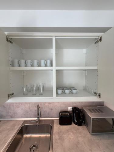 a kitchen with a sink and a shelf with dishes at Rita Apartman saját parkolóval és erkéllyel in Kecskemét