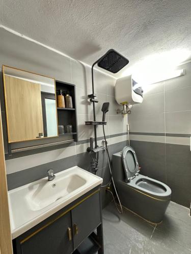 a bathroom with a sink and a toilet and a mirror at DK2 Homestay in Hanoi