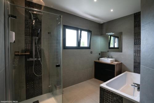 a bathroom with a shower and a sink at Villa "Colmar" Spa and Free vine test in Raedersheim