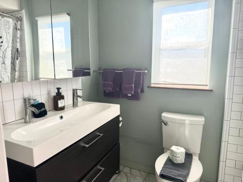 a bathroom with a sink and a toilet and a window at Uptown Escape in Saint Augustine