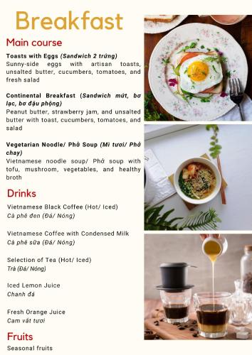Ein Flyer für ein Frühstücksgericht mit einem Bild von einem Teller Essen in der Unterkunft Saigon Authentic Alley Hostel - Local Vibes, City Tours, Cooking Dinner, Evening Streetfood, Free Menu Breakfast, Gym & Rooftop Billiards in Ho-Chi-Minh-Stadt