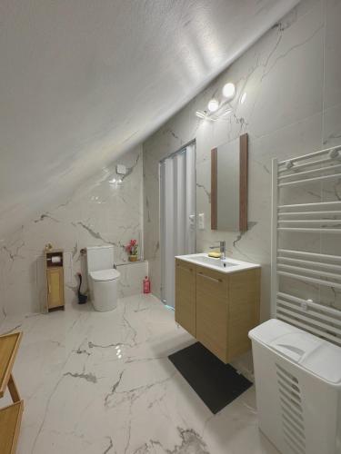 a white bathroom with a sink and a toilet at La Miranda Dijon in Dijon