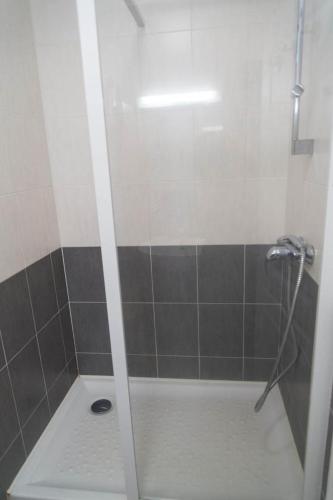 a shower with a glass door in a bathroom at Gite du mazel in Naussac