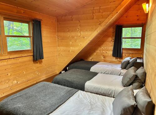 a room with three beds in a log cabin at Secret Base Mysa シークレットベース ミーサ 星の街399 in Tsumagoi
