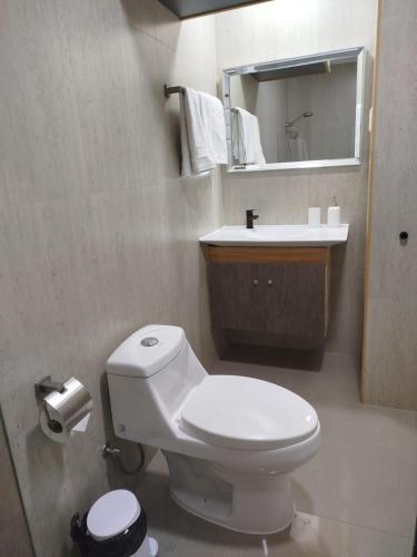 a bathroom with a white toilet and a sink at Hotel Ming Shen in Antofagasta