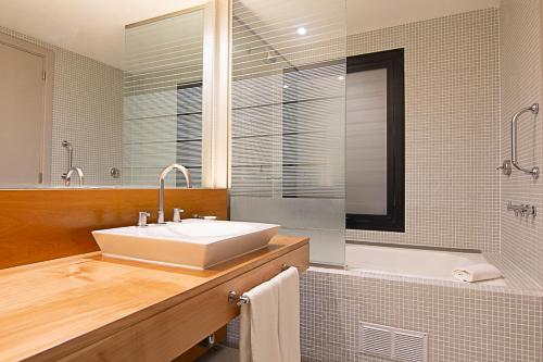 a bathroom with a sink and a bath tub at Design Suites Calafate in El Calafate