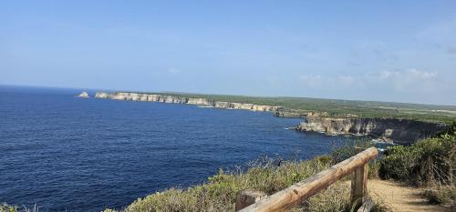 a view of the ocean with a wooden fence at Spacieux haut de villa proche plage in Anse-Bertrand