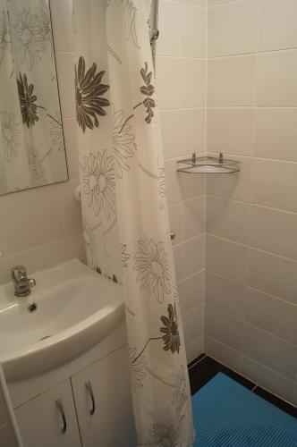 a bathroom with a sink and a shower curtain at Mežezera stāsts in Pļaviņas
