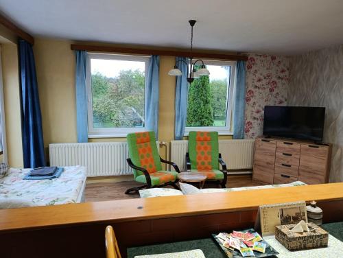 a living room with two chairs and a television at Apartmán U babičky in Dobříkov