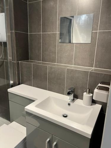 a bathroom with a white sink and a mirror at Ground Floor Flat BishopAuckland in Bishop Auckland