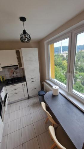 a kitchen with a table and chairs in a room at Apartmán Betty in Žilina