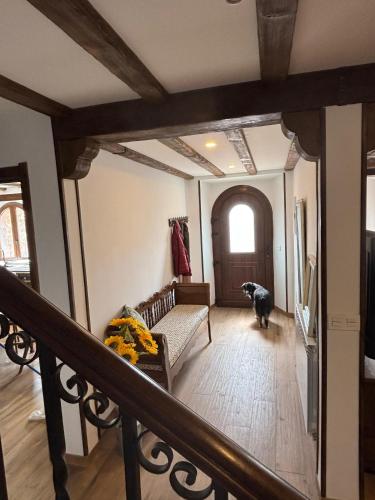 a dog is standing in a living room at Casa Dulcinea en Brañosera in Brañosera
