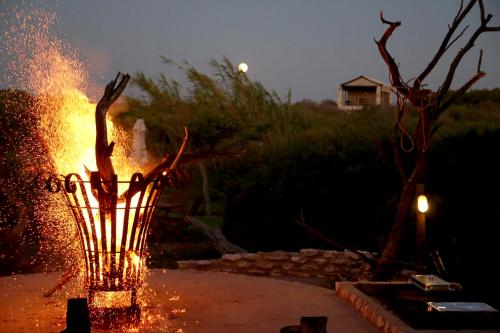 a fire in a vase on a patio at night at Thali Thali Game Lodge in Langebaan