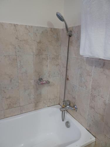 a shower in a bathroom with a bath tub at Hotel la Renaissance in Dolisie