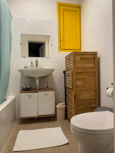 a bathroom with a sink and a toilet at Cisimigu Garden Studio in Bucharest