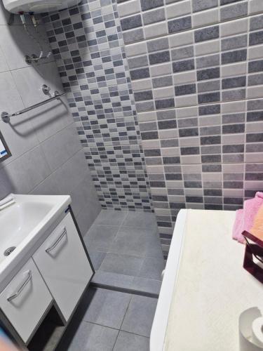 a bathroom with a sink and a shower at DiS Apartman in Vršac