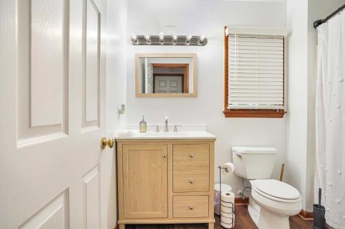 a bathroom with a toilet and a sink and a mirror at Spacious 3BR with Dock on Working Farm with Pool Table in Hacksneck