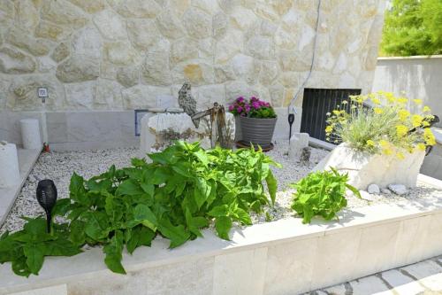a garden with plants and flowers in front of a stone wall at Marianna in Pag - Haus für 5 Personen in Pag