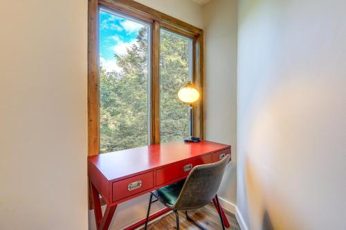 a red desk with a chair in front of a window at 1 Mi to Slopes! Sugar Mountain Retreat with Views in Sugar Mountain