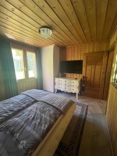 a bedroom with a large bed and a television at Chalet Schluechtyi in Langwies