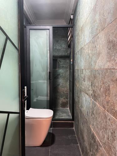 a bathroom with a toilet and a walk in shower at Teak Gardens D4 - East Legon in Accra