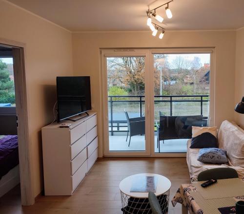 Una sala de estar con un sofá y un televisor. en Apartament Jasny Spokój, en Jantar