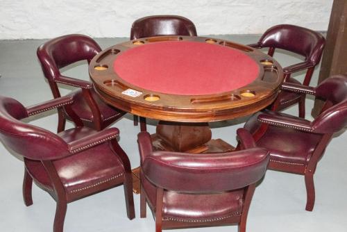 a wooden table with leather chairs and a red top at 1878 RiverRun B&B - Waterfront, Self-Serve Breakfast, WiFi, Trail and River access in Hancock