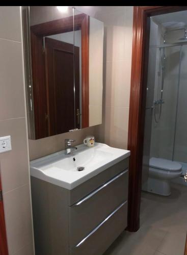 a bathroom with a sink and a mirror and a toilet at Apartamento Miralrio in Milagro