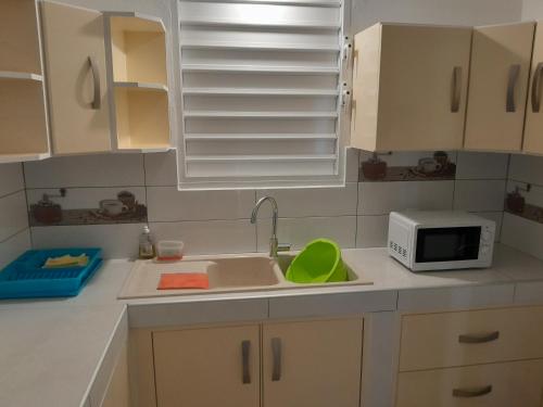 a kitchen with a sink and a microwave at F3 paisible in Capesterre-Belle-Eau