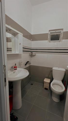 a bathroom with a white toilet and a sink at Vila Aristo Bala in Pilur