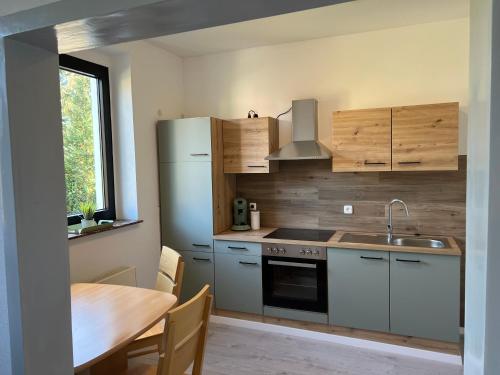a kitchen with a sink and a refrigerator and a table at Kurpark Ferienwohnung in Schleiden