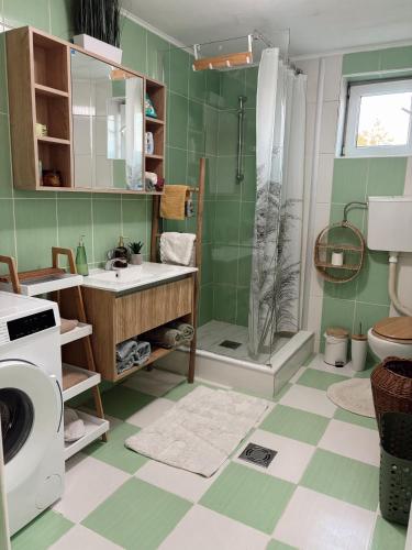 a green bathroom with a shower and a sink at Cozy Family House in Lazarevac