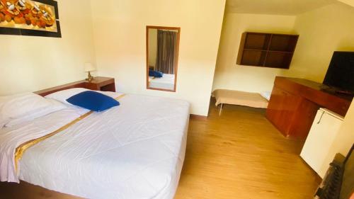 Hacienda CienguillaにあるCasa de Campo Bungalows & Suitesの白いベッドとテレビのある寝室