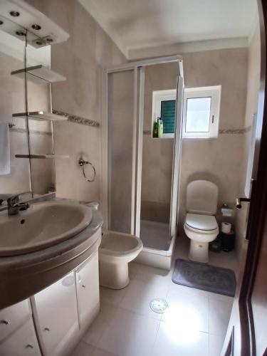 a bathroom with a sink and a shower and a toilet at Alojamento Cristina in Chaves