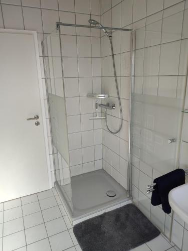a shower with a glass door in a bathroom at Rheinuferhaus in Urmitz