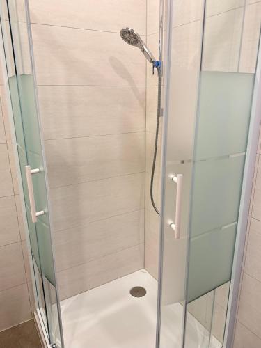 a shower with a glass door in a bathroom at Liesingtal Premium Room in Vorderlainsach