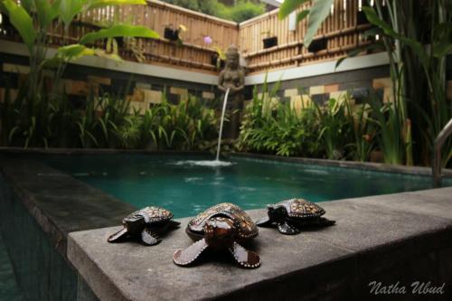 three turtles are sitting next to a swimming pool at Natha Ubud Private Pool Villa by EPS in Ubud