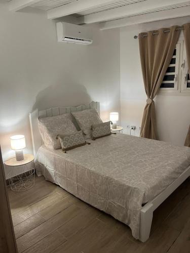 a bedroom with a large bed with two tables and two lamps at Logement cosy avec piscine proche de l'aéroport in Ducos