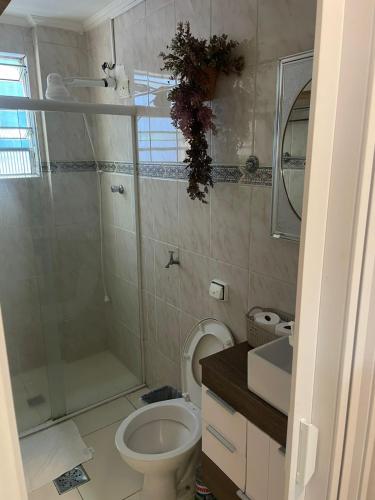 a bathroom with a shower and a toilet and a sink at salaliving 405 in São Vicente