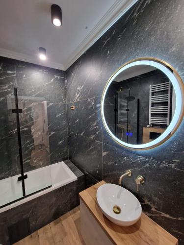 a bathroom with a sink and a mirror at Celine Apartments in Lębork