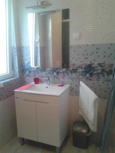 a bathroom with a sink and a mirror and a shower at Apartments Odiva in Lustica