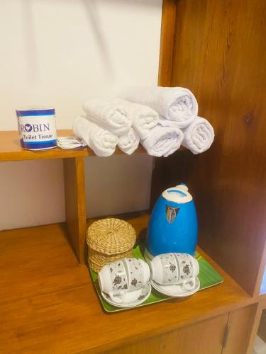 a shelf with towels and plates and towels at Hotel Hanguk Villa in Dambulla