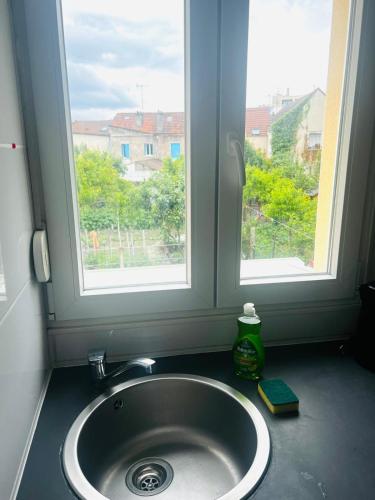 a sink in a bathroom with two windows at Royal House Meaux Centre-Ville Disneyland Paris in Meaux
