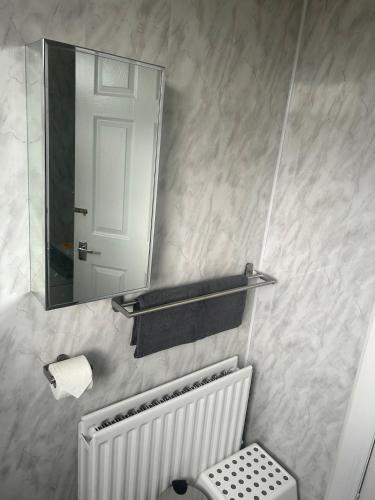 a white bathroom with a mirror and a toilet at Beautiful little cosy gem in the heart of Lisburn in Lisburn
